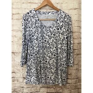 Appleseeds Shirt Womens Medium Navy & White Floral Long Sleeve Stretch Rayon